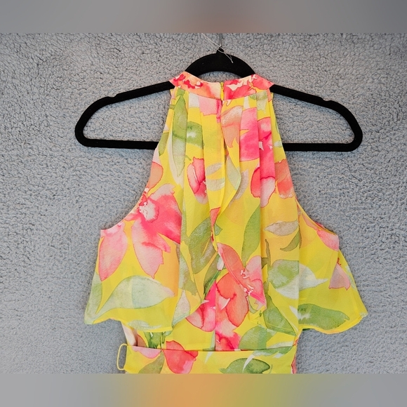 Eliza J Womens Watercolor Floral Hi Lo Hem Dress Sz 2 Yellow & Pink Halter - Picture 9 of 11